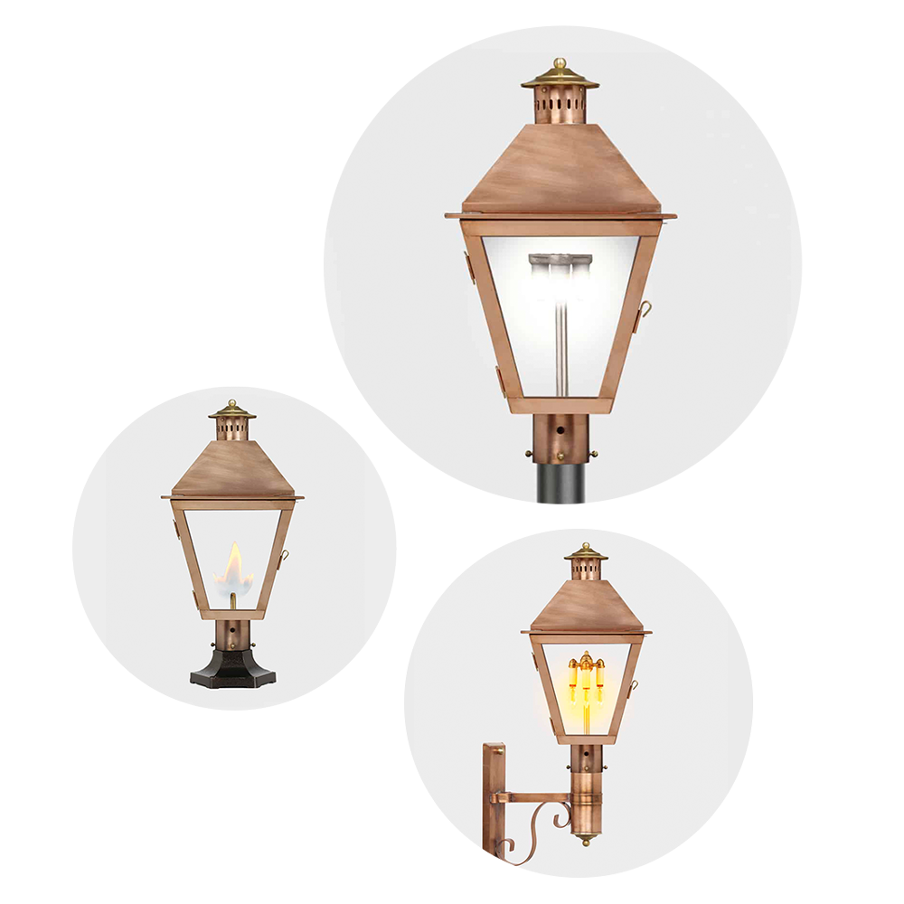 Copper Gas and Electric Lamps in circle graphic