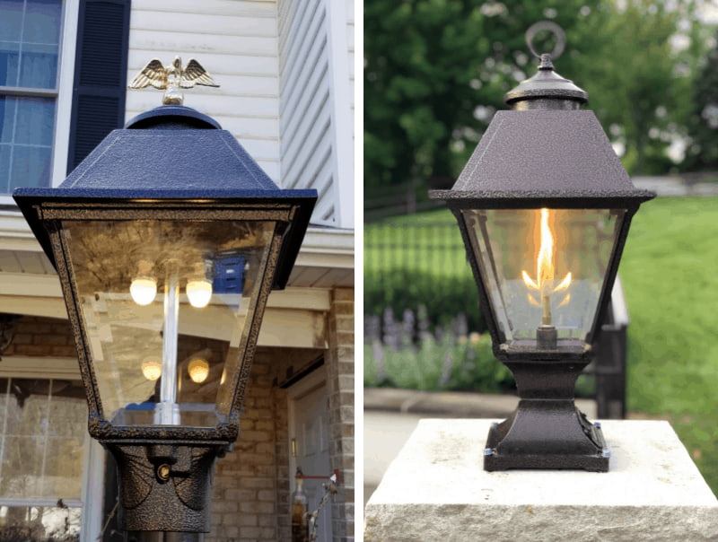 Side-by-side image of a gas mantle lamp and an open flame gas lamp made by American Gas Lamp Works